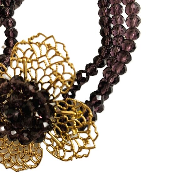 Bracelet Cuff Gold Purple Filigree Flower Triple Strand Beads Glamour 1980s - Picture 4 of 4